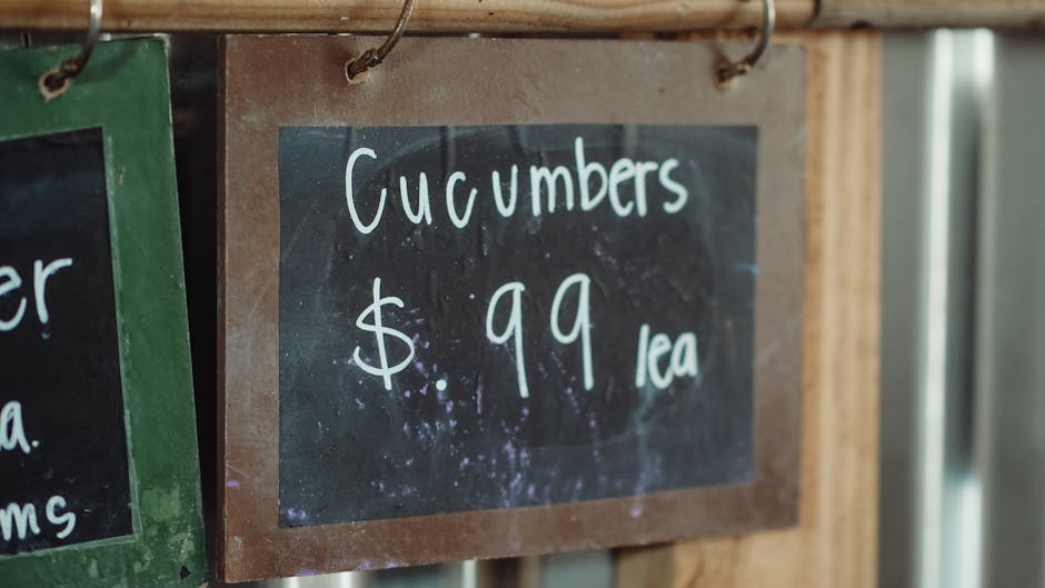 A black chalkboard sign with a wooden frame displaying the handwritten message 'Cucumbers $9.99 each' in white chalk. The sign is attached to a wooden surface with metal hooks, and part of a green cha